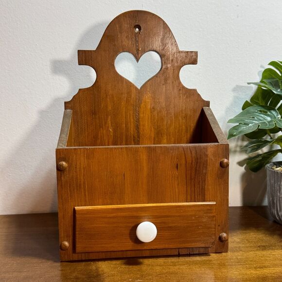 Vintage Wooden Hanging Box with Drawer and Top Open Pocket 13" Tall - Picture 11 of 12